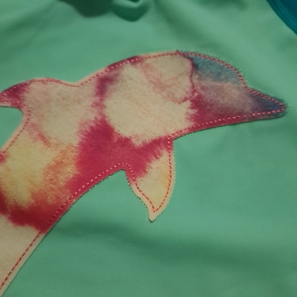 Lands End girls size 14 2 tone teal rashguard with dolphin applique - Picture 2 of 5
